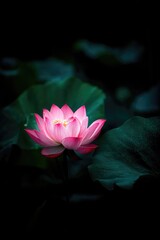 Pink lotus flower blooms in the darkness, surrounded by dark green leaves