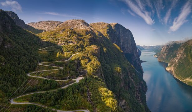 view of the hairpin turns of the Lysebotn road leading from Kierag mountain pass to Lysebotn village on the Lysefjorden