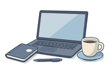 Laptop, notebook, pen, and cup of coffee on a table during morning work session