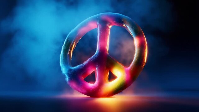 A Vibrant Peace Symbol: A Colorful Representation of Peace and Harmony, Glowing in a Mystical Atmosphere with Ethereal Smoke and Captivating Lighting Effects