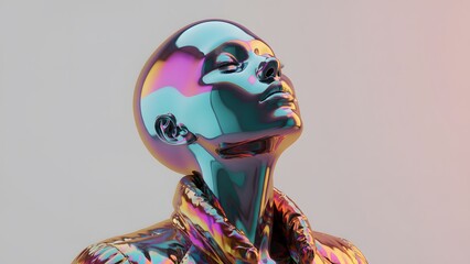 Metallic head sculpture with colorful iridescent finish