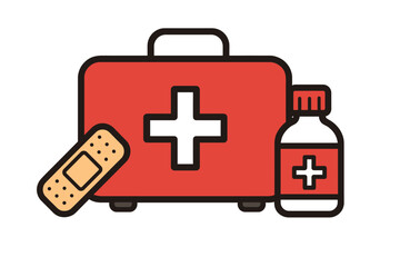 Fototapeta premium First aid kit with medical supplies including a bandage and medicine bottle for emergency situations