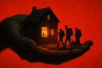 Silhouettes of three travelers with backpacks walk toward a small, glowing house held gently within a massive palm.