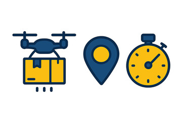 Fototapeta premium Delivery by drone shows location and timing with symbols of package, map pin, and stopwatch