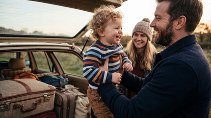 Joyful Father Lifting Toddler in Air next to Car Packed for Vacation