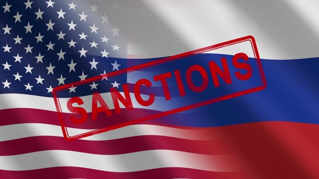 Two waving national flags of the United States and the Russian Federation. Economic war and sanctions between the United States and Russia.