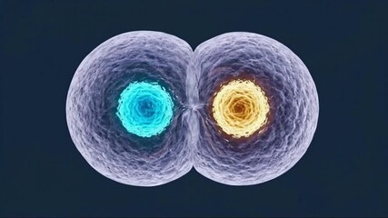 Microscopic 3D Animation of Cell Division Mitosis Splitting into Two Biological Cells