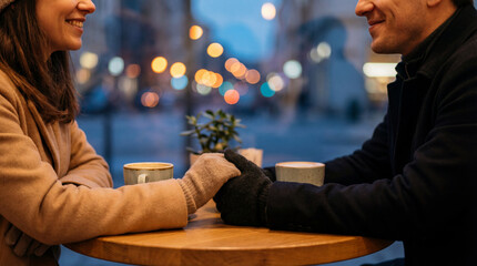 Close-up of Hands Holding across Cafe Table with Secret Shared Smile