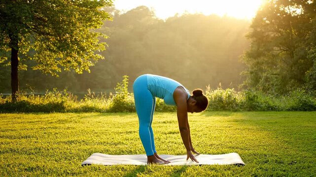 Woman performing yoga poses transitioning from standing to forward bend