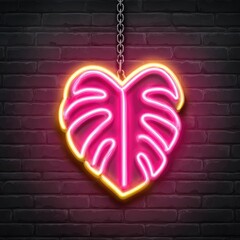 A neon-lit leaf-shaped heart hangs from a chain against a brick wall, glowing brightly