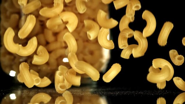 Super slow motion dry macaroni pasta . Filmed on a high-speed camera at 1000 fps. High quality FullHD footage