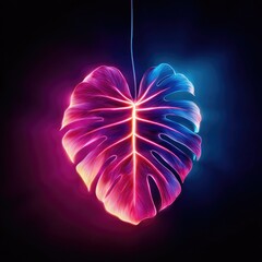 A vibrant neon leaf against a black background, glowing with pink, purple, and blue hues