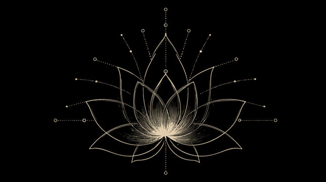 Elegant geometric golden lotus flower symbol on black background, representing spirituality, meditation, and tranquility.