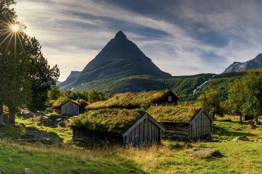 cabins and cottages at the Renndolsetra Hotel in the Innerdalen Valley of central Norway
