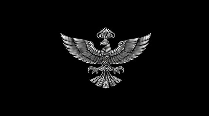 Obraz premium Regal silver stylized eagle symbol with spread wings and crown-like crest on a dark black background, representing strength and power.