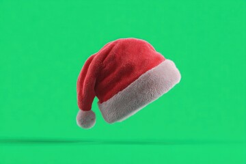 A fluffy red Santa hat with white trim and pompom floats against a solid green background