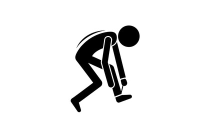 Fototapeta premium Simple black stick figure character bending down, tying a shoe or picking something up, isolated white background.