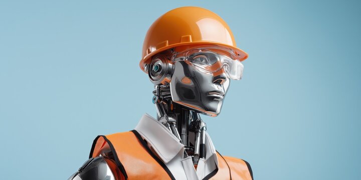 Futuristic robot engineer in hardhat and safety vest on bright blue background - Powered by Adobe