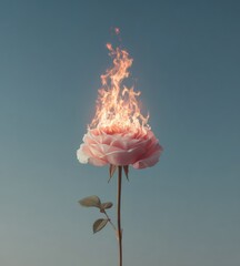 A rose, its petals burning with flames, against a clear blue sky