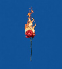 A vibrant red rose ablaze with flames, set against a clear, azure blue background