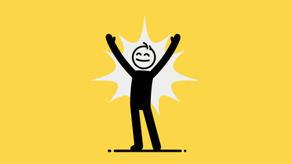 Ecstatic stick figure man raising arms in triumph with radiating lines, celebrating success and happiness, on a vibrant yellow background.