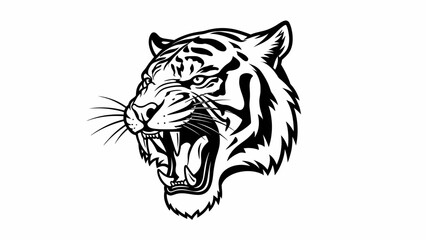 Obraz premium Aggressive tiger head roaring with sharp teeth, illustrating power and danger, on an isolated white background.