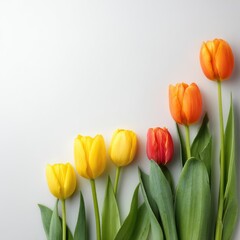Vibrant tulips in shades of yellow, orange, and red grow diagonally on a white background