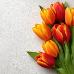 A vibrant bouquet of orange and red tulips with green leaves against a textured white backdrop