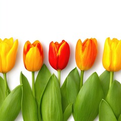 Bright tulip row on white. Five tulips, varying colors, green stems, and leaves
