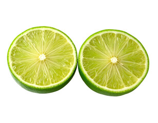Close-up studio shot of two vibrant, cross-section lime halves against a solid black backdrop