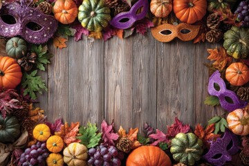 Rustic wooden surface framed by fall foliage, pumpkins, grapes, masks, & pinecones