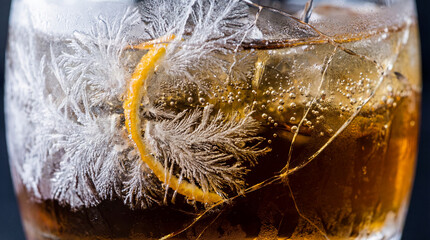 Macro Frost and Ice Crystals on Cold Amber Soda Glass with Bubbles