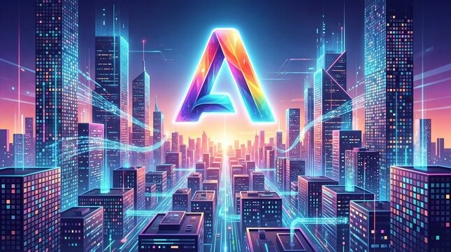 Vibrant futuristic cityscape illuminated by a massive holographic letter a symbolizing artificial intelligence dominating the neon saturated urban environment at sunset - Powered by Adobe