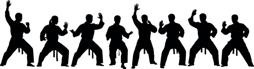 Martial Arts Silhouette Set Vector Illustrating Various Karate Poses Kata Movements and Defense Stances for Combat Sports Design and Training