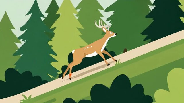 Animated Deer Running Through A Forest With Evergreen Trees And Mountain Landscape