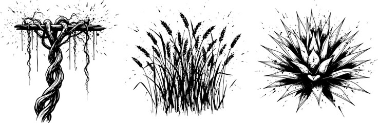 Grunge Nature Illustrations Set: Vine, Grass, and Spiky Plant Sketch
