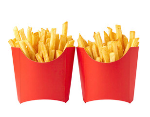 Two bright red paper cartons overflow with golden-brown, crispy French fries, isolated on a black background