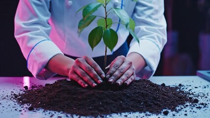 Chef hands planting a seedling, symbolizing growth, sustainability, and healthy food.