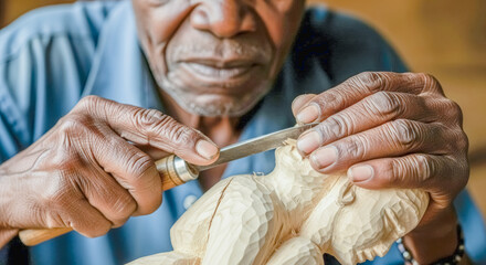 close up of a skilled african woodcarver's hands using a chisel to carve a traditional wooden figure in a workshop