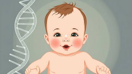 Baby with DNA Model Background Representing Genetics