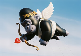 Cupid Gorilla Balloon Flying with Bow and Heart Arrow, Outdoors