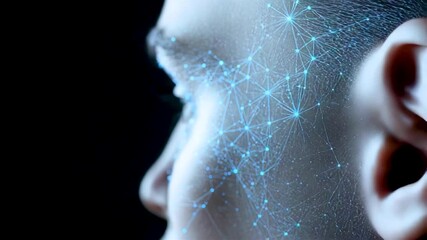 Side profile human head with glowing blue digital neural network connections mapping face and ear on black background - Powered by Adobe