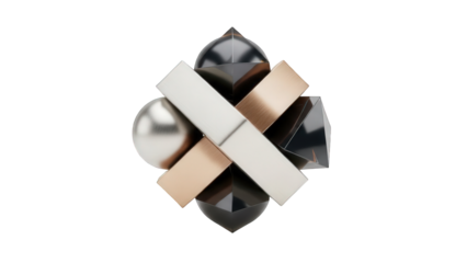 A 3D rendering of a modern abstract design featuring metallic shapes on a black background