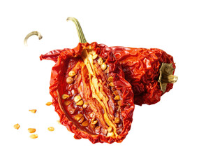 Close-up of a halved, vibrant red sun-dried tomato with visible seeds, stem, and texture