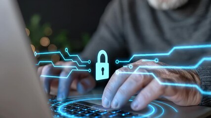 Human fingers actively engaging personal computer keyboard, displaying luminous blue padlock symbol, indicating powerful cyber protection, vital private information security.