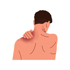 Fototapeta premium WebA young man is holding his sore shoulder. Tension in the shoulders and neck. A tense body against a backdrop of stress. Shoulder tension. Vector illustration isolated on a white background.