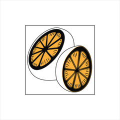 Two halves of a stylized orange fruit with black outlines and vibrant orange segments