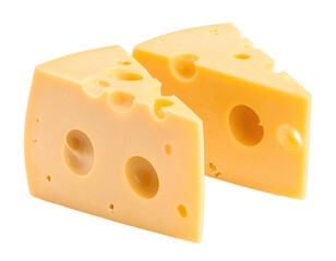 Two triangular wedges of light yellow swiss-style cheese with distinctive large holes