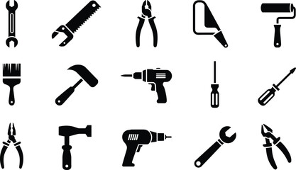 Obraz premium Hand Tools Icon Set Featuring Construction, DIY and Repair Equipment Including Wrench, Hammer, Drill, Pliers, Saw and Painting Tools in Black Vector Silhouette Style