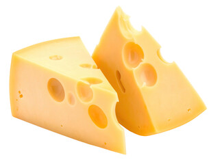 Two wedges of golden yellow cheese with signature holes, isolated against a transparent backdrop